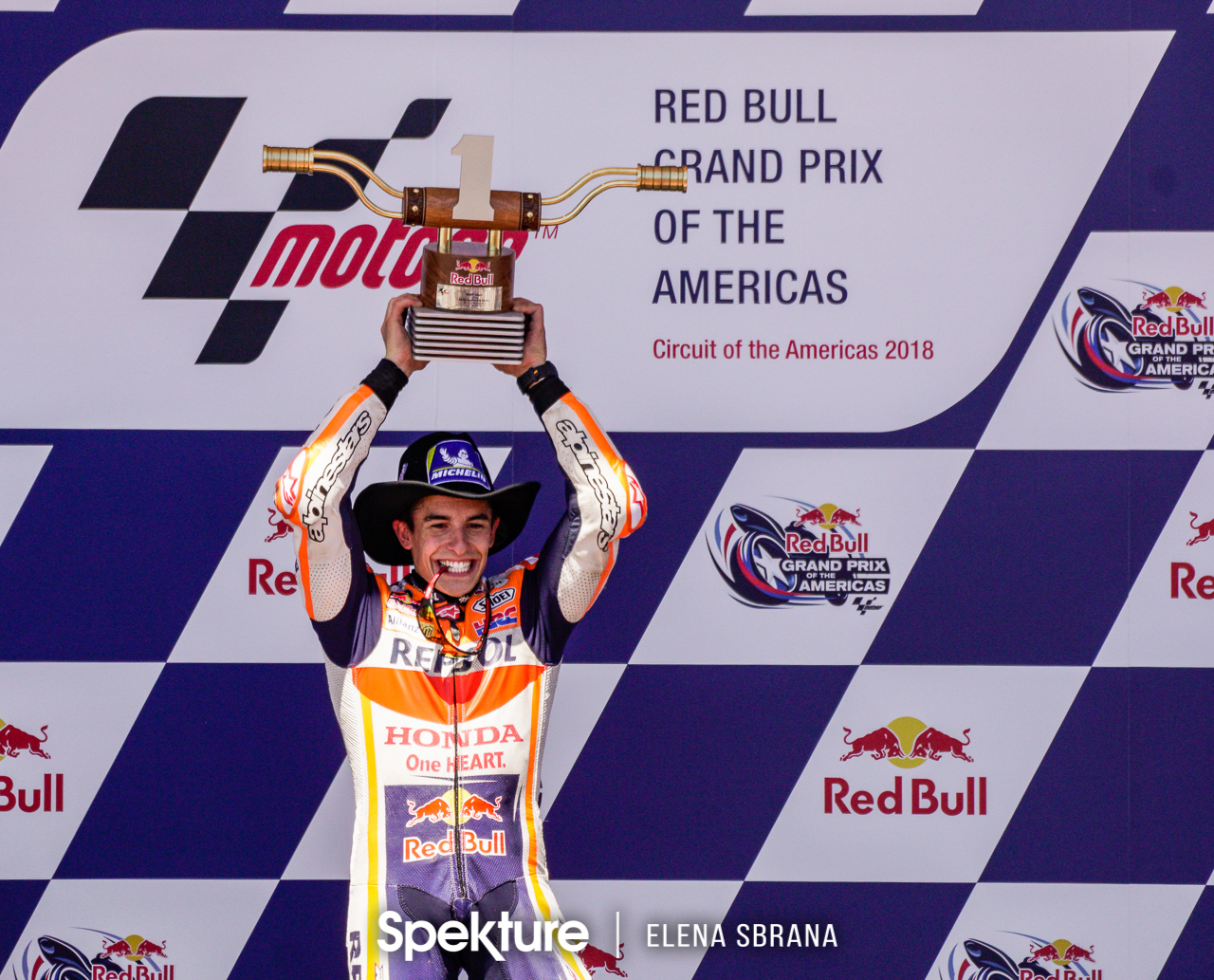 Earchphoto - Marc Marquez on the podium in Austin for the MotoGP Red Bull Grand Prix of The Americas