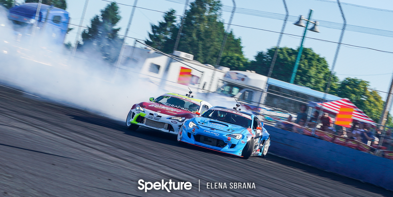 Earchphoto - Ryan Tuerck battling Dai Yoshihara on track at Formula Drift Seattle.