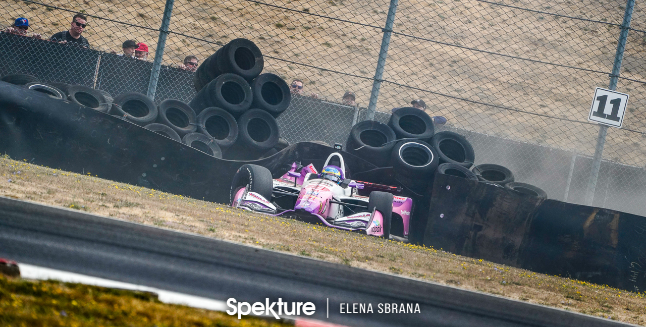 Earchphoto - Sebastien Bourdais after hitting the tire wall off turn 11 at the Grand Prix of Portland. Verizon Indycar Series. 