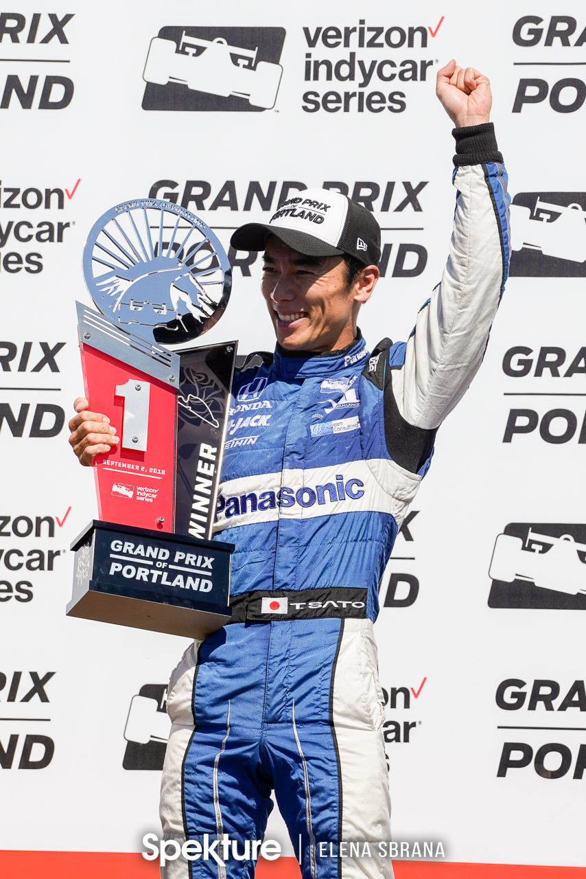 Earchphoto - Takuma Sato on the podium at the Grand Prix of Portland. Verizon Indycar Series. 