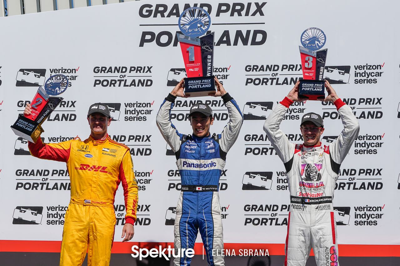 Earchphoto - The podium at the Grand Prix of Portland. Verizon Indycar Series. 