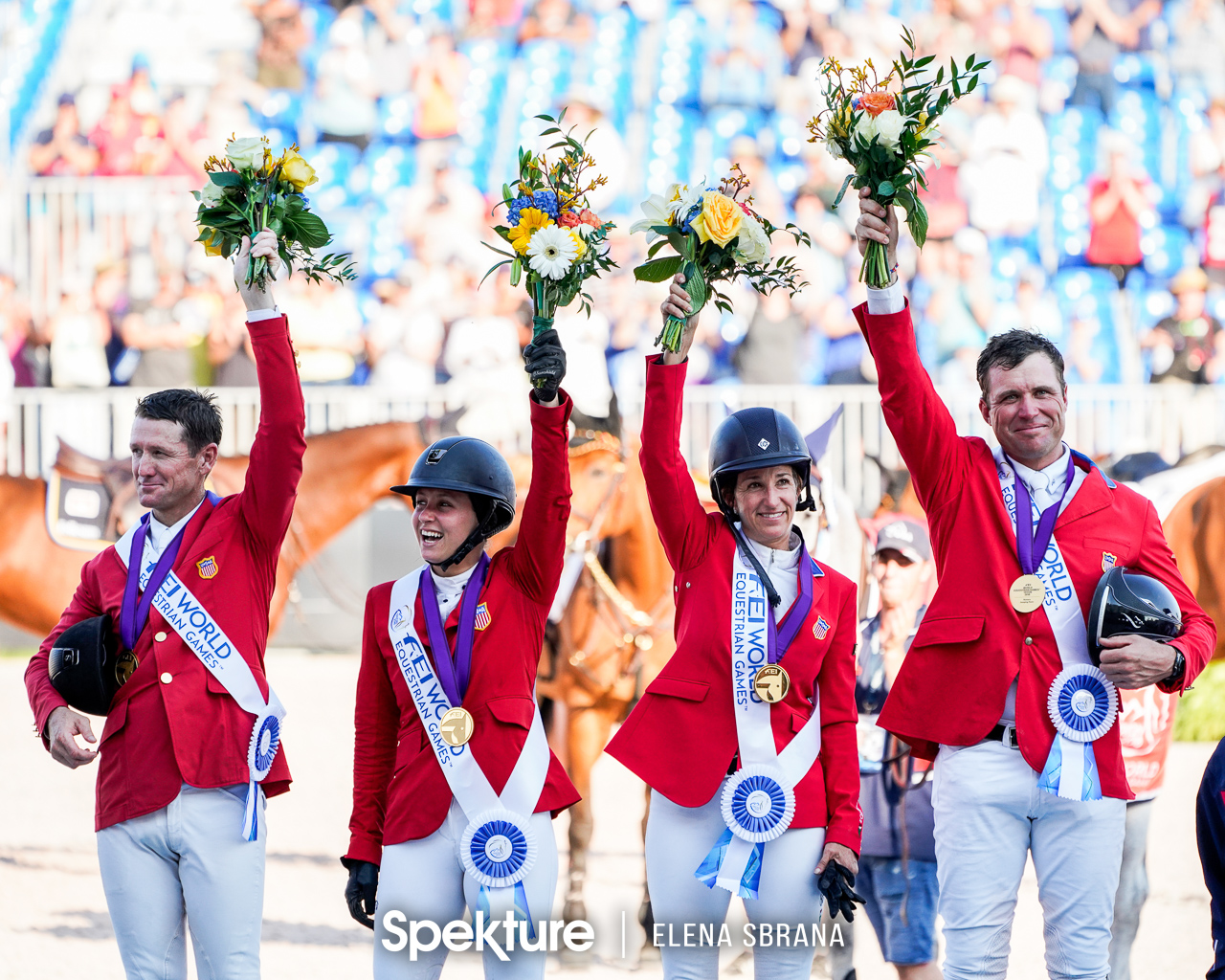 Earchphoto - The US Show Jumping Team on the podium at the 2018 World Equestrian Games in Tryon NC