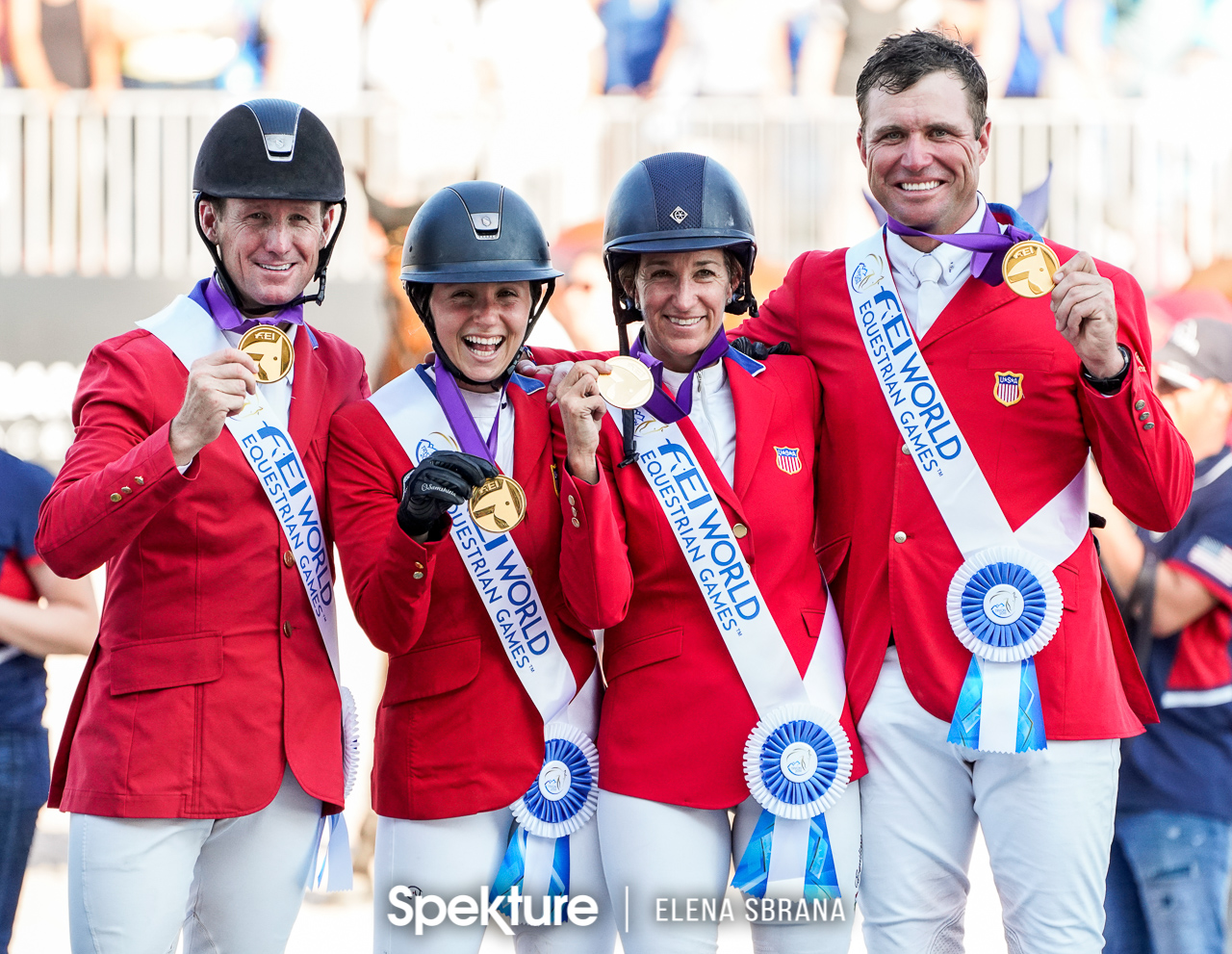 Earchphoto - The US Show Jumping Team on the podium at the 2018 World Equestrian Games in Tryon NC