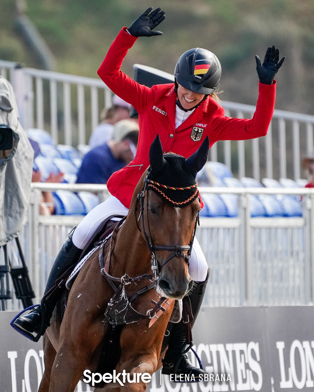 Earchphoto - Simone Blum of Germany celebrates a clear round at the 2018 World Equestrian Games in Tryon NC